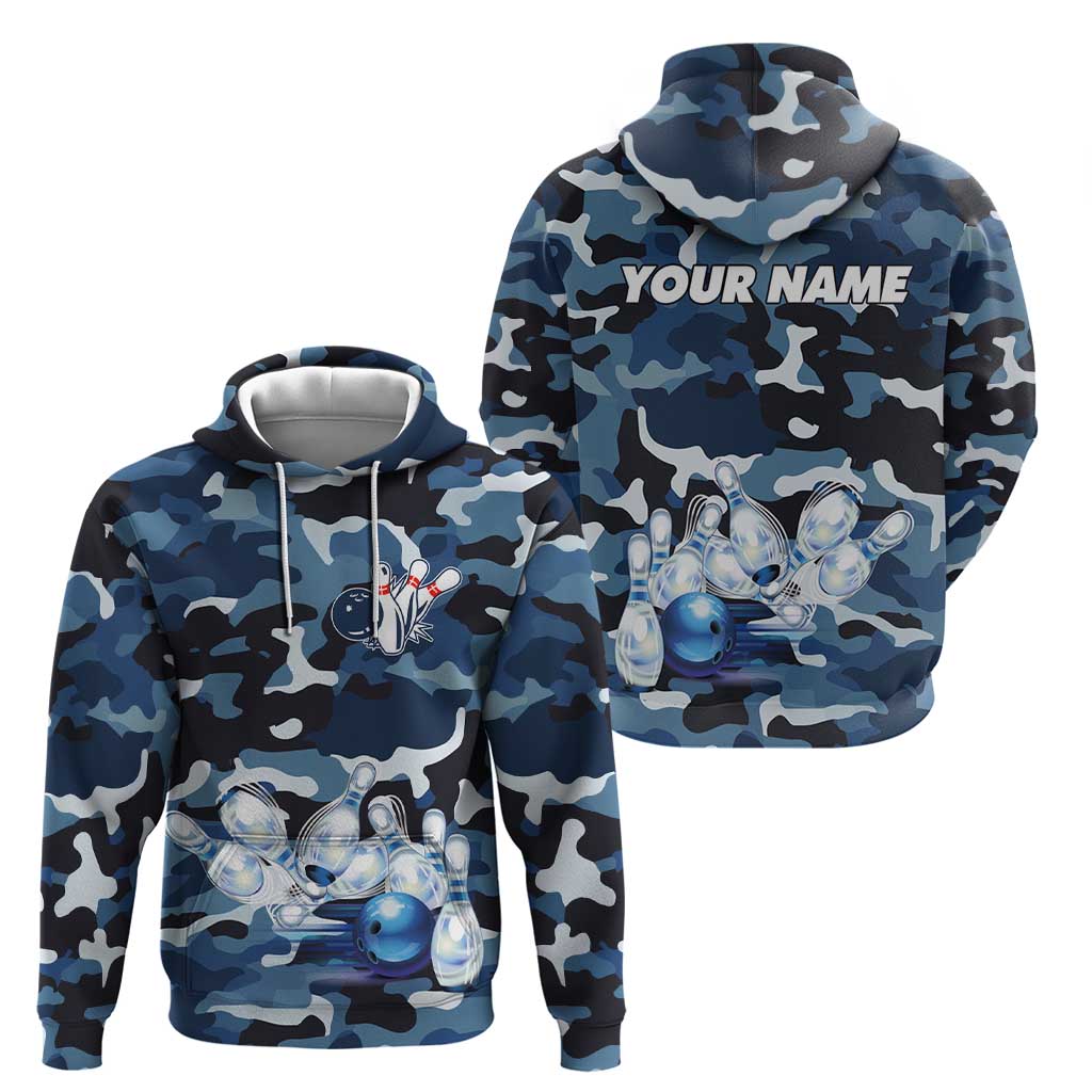 Blue Camouflage Pattern Hoodie with Bowling Pins and Ball Graphic Design - Wonder Print Shop