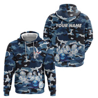 Blue Camouflage Pattern Hoodie with Bowling Pins and Ball Graphic Design - Wonder Print Shop
