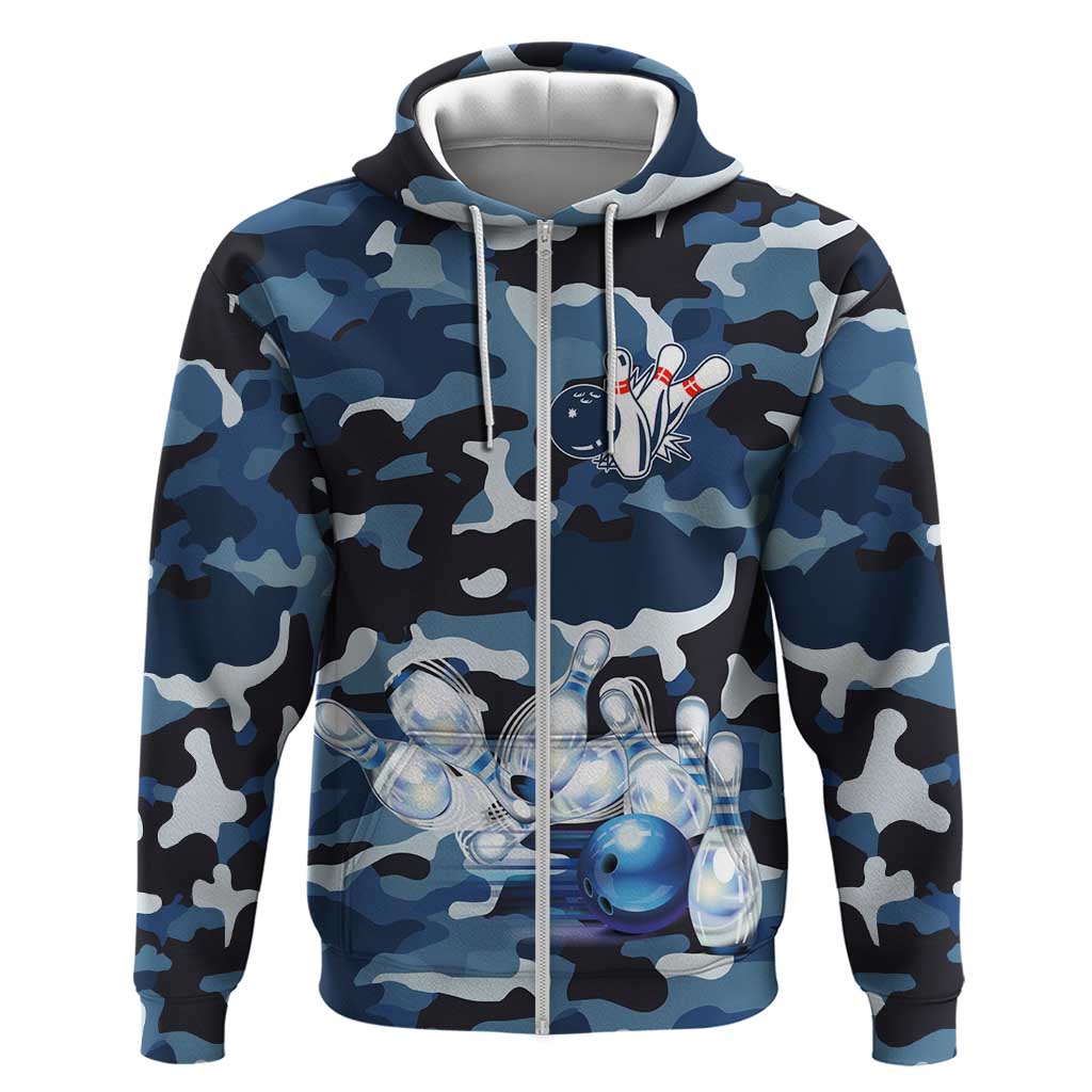 Blue Camouflage Pattern Hoodie with Bowling Pins and Ball Graphic Design - Wonder Print Shop