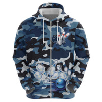 Blue Camouflage Pattern Hoodie with Bowling Pins and Ball Graphic Design - Wonder Print Shop