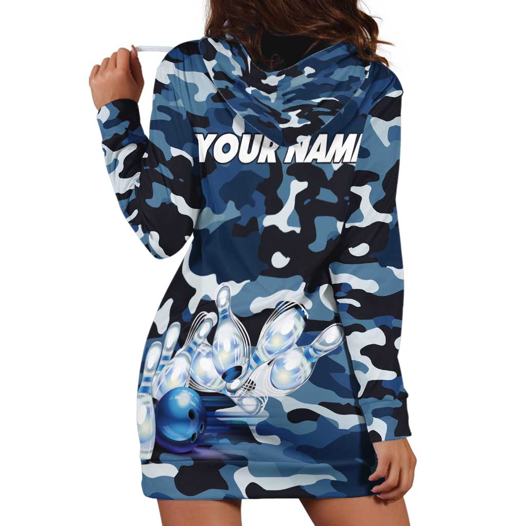 Blue Camouflage Pattern Hoodie Dress with Bowling Pins and Ball Graphic Design - Wonder Print Shop