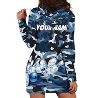 Blue Camouflage Pattern Hoodie Dress with Bowling Pins and Ball Graphic Design - Wonder Print Shop