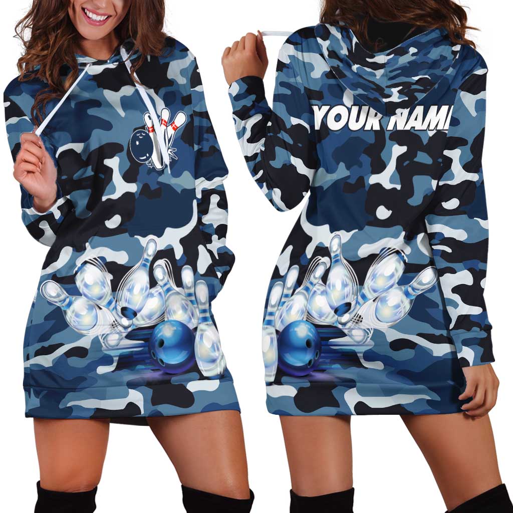 Blue Camouflage Pattern Hoodie Dress with Bowling Pins and Ball Graphic Design - Wonder Print Shop