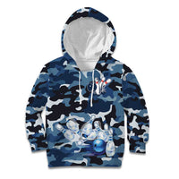 Blue Camouflage Pattern Kid Hoodie with Bowling Pins and Ball Graphic Design - Wonder Print Shop