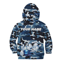 Blue Camouflage Pattern Kid Hoodie with Bowling Pins and Ball Graphic Design - Wonder Print Shop