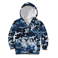 Blue Camouflage Pattern Kid Hoodie with Bowling Pins and Ball Graphic Design - Wonder Print Shop