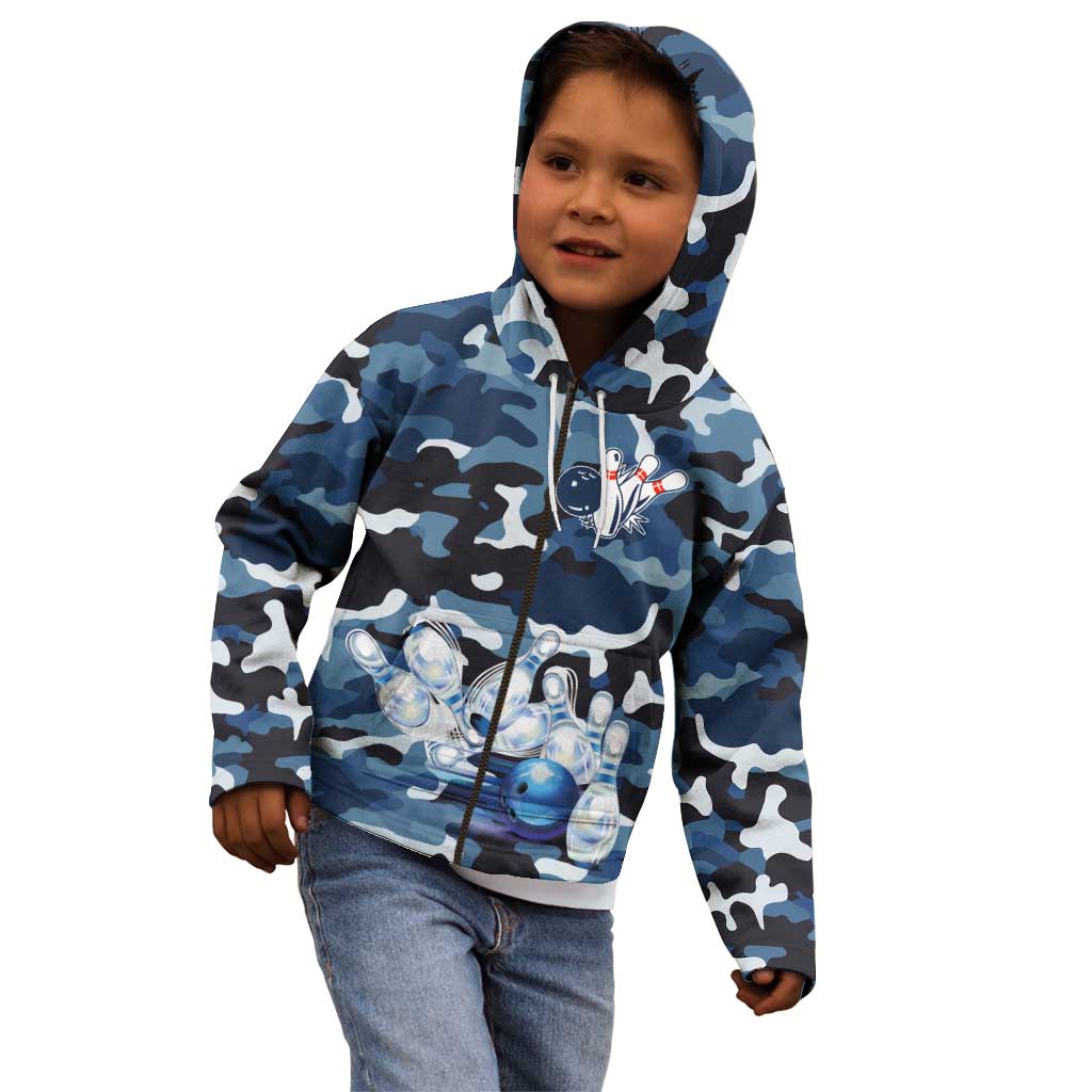 Blue Camouflage Pattern Kid Hoodie with Bowling Pins and Ball Graphic Design - Wonder Print Shop