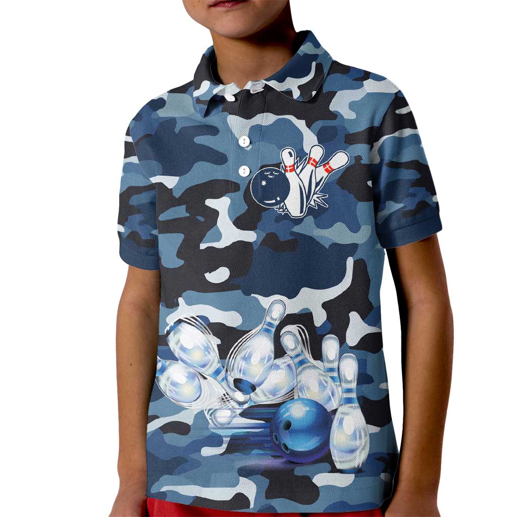 Blue Camouflage Pattern Kid Polo Shirt with Bowling Pins and Ball Graphic Design - Wonder Print Shop