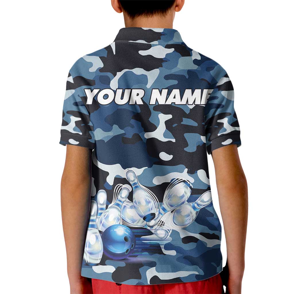 Blue Camouflage Pattern Kid Polo Shirt with Bowling Pins and Ball Graphic Design - Wonder Print Shop
