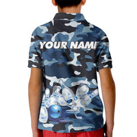 Blue Camouflage Pattern Kid Polo Shirt with Bowling Pins and Ball Graphic Design - Wonder Print Shop