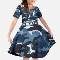 Blue Camouflage Pattern Kid Short Sleeve Dress with Bowling Pins and Ball Graphic Design - Wonder Print Shop