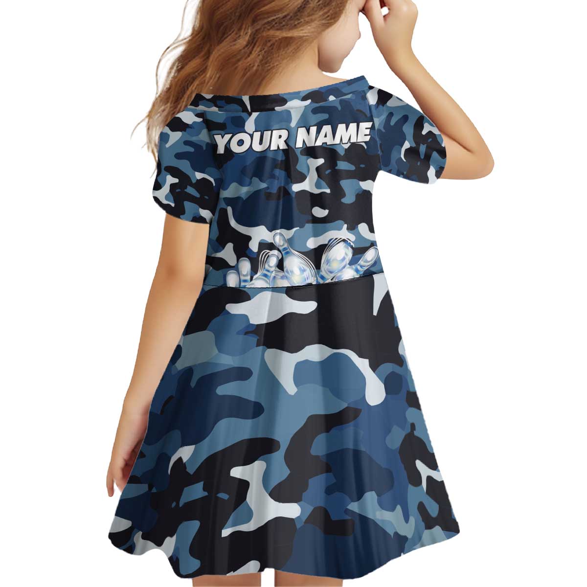 Blue Camouflage Pattern Kid Short Sleeve Dress with Bowling Pins and Ball Graphic Design - Wonder Print Shop