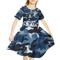 Blue Camouflage Pattern Kid Short Sleeve Dress with Bowling Pins and Ball Graphic Design - Wonder Print Shop