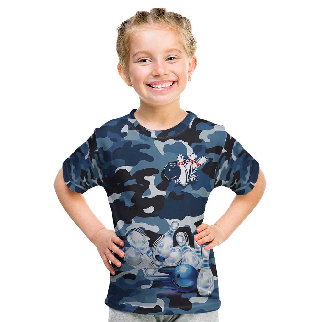 Blue Camouflage Pattern Kid T Shirt with Bowling Pins and Ball Graphic Design - Wonder Print Shop