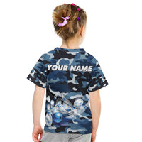 Blue Camouflage Pattern Kid T Shirt with Bowling Pins and Ball Graphic Design - Wonder Print Shop