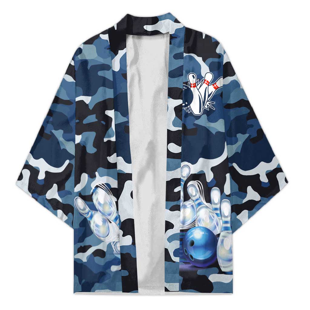 Blue Camouflage Pattern Kimono with Bowling Pins and Ball Graphic Design - Wonder Print Shop