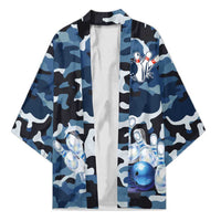 Blue Camouflage Pattern Kimono with Bowling Pins and Ball Graphic Design - Wonder Print Shop