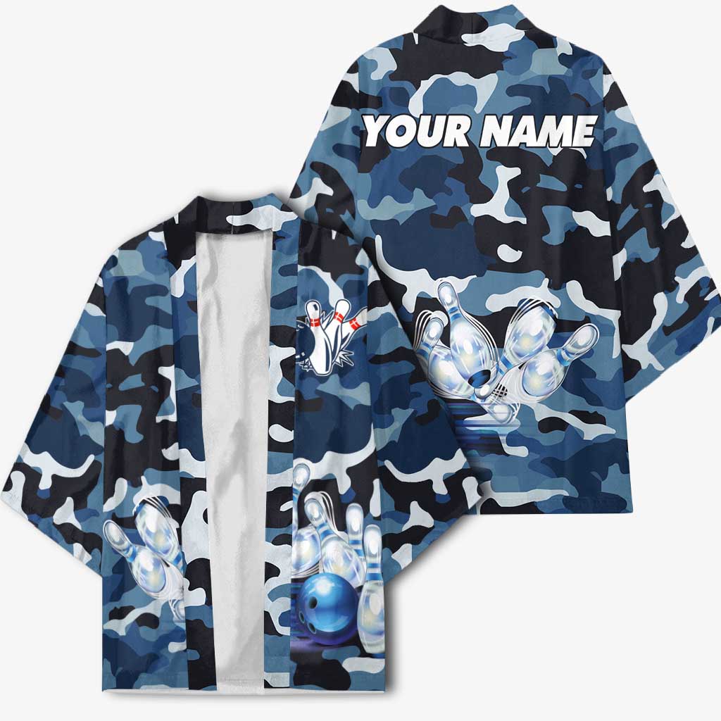 Blue Camouflage Pattern Kimono with Bowling Pins and Ball Graphic Design - Wonder Print Shop