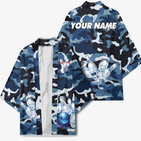 Blue Camouflage Pattern Kimono with Bowling Pins and Ball Graphic Design - Wonder Print Shop