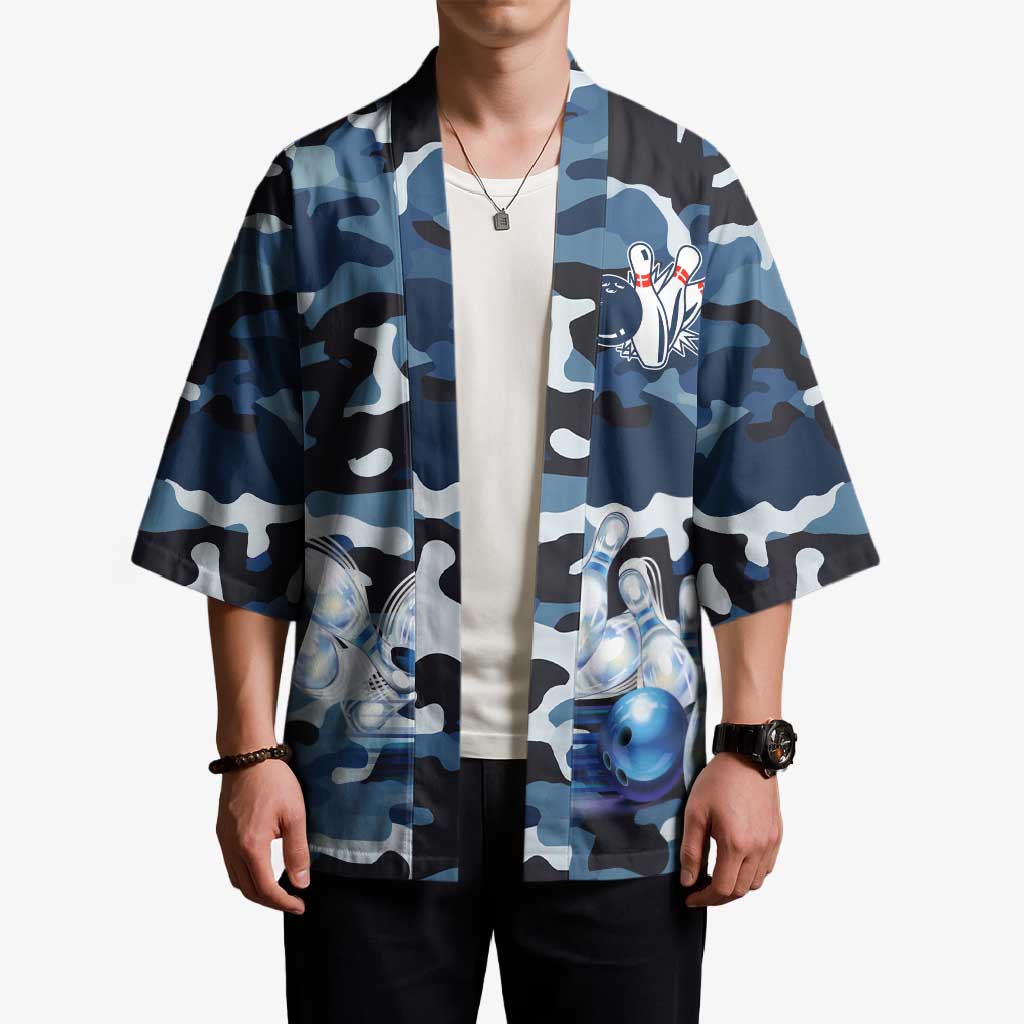 Blue Camouflage Pattern Kimono with Bowling Pins and Ball Graphic Design - Wonder Print Shop