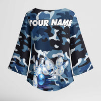 Blue Camouflage Pattern Kimono Sleeve Blouse with Bowling Pins and Ball Graphic Design - Wonder Print Shop