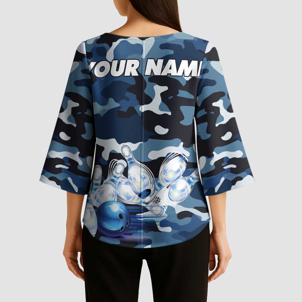 Blue Camouflage Pattern Kimono Sleeve Blouse with Bowling Pins and Ball Graphic Design - Wonder Print Shop