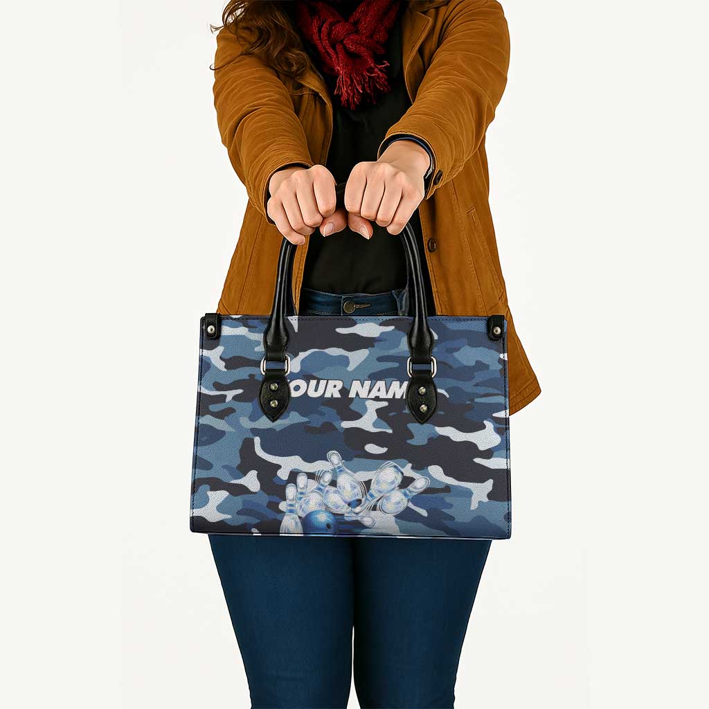 Blue Camouflage Pattern Leather Bag with Bowling Pins and Ball Graphic Design - Wonder Print Shop