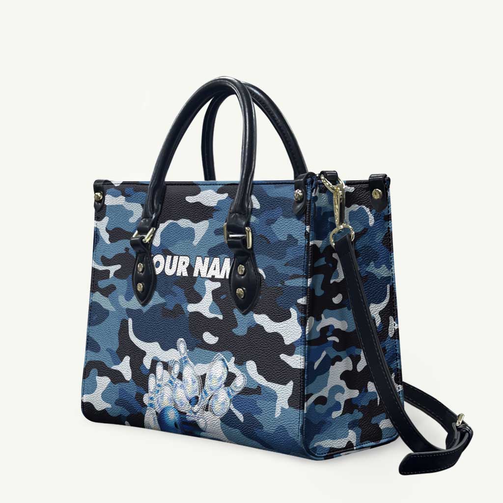 Blue Camouflage Pattern Leather Bag with Bowling Pins and Ball Graphic Design - Wonder Print Shop