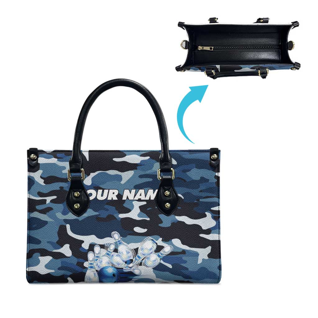 Blue Camouflage Pattern Leather Bag with Bowling Pins and Ball Graphic Design - Wonder Print Shop