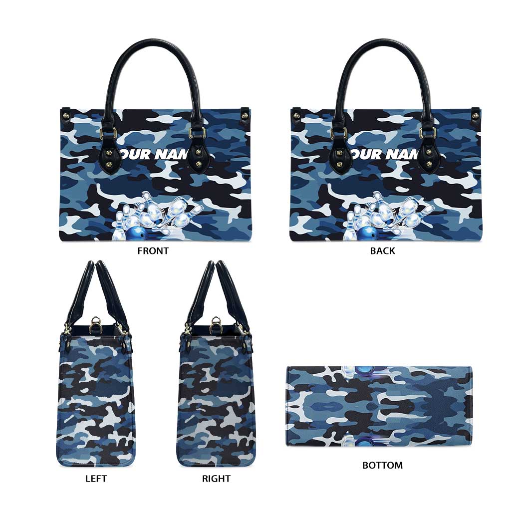 Blue Camouflage Pattern Leather Bag with Bowling Pins and Ball Graphic Design - Wonder Print Shop
