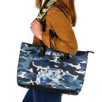Blue Camouflage Pattern Leather Tote Bag with Bowling Pins and Ball Graphic Design - Wonder Print Shop