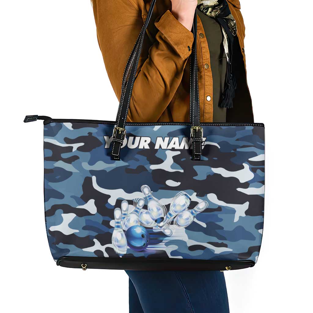 Blue Camouflage Pattern Leather Tote Bag with Bowling Pins and Ball Graphic Design - Wonder Print Shop