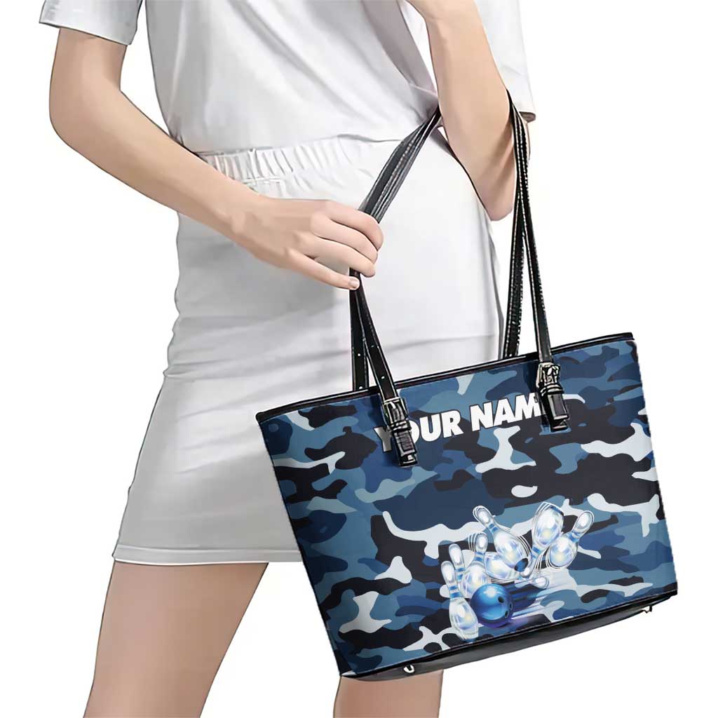 Blue Camouflage Pattern Leather Tote Bag with Bowling Pins and Ball Graphic Design - Wonder Print Shop