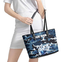 Blue Camouflage Pattern Leather Tote Bag with Bowling Pins and Ball Graphic Design - Wonder Print Shop