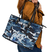 Blue Camouflage Pattern Leather Tote Bag with Bowling Pins and Ball Graphic Design - Wonder Print Shop