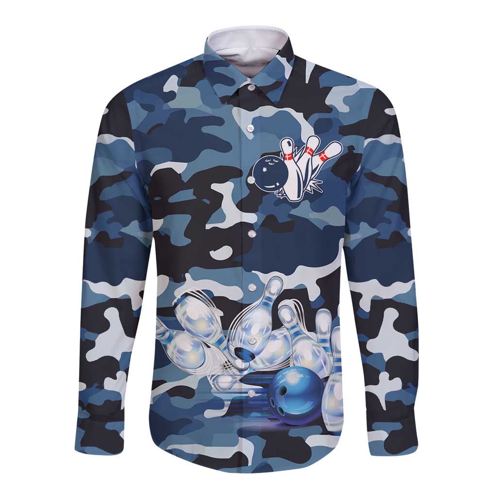 Blue Camouflage Pattern Long Sleeve Button Shirt with Bowling Pins and Ball Graphic Design - Wonder Print Shop