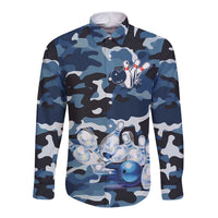 Blue Camouflage Pattern Long Sleeve Button Shirt with Bowling Pins and Ball Graphic Design - Wonder Print Shop