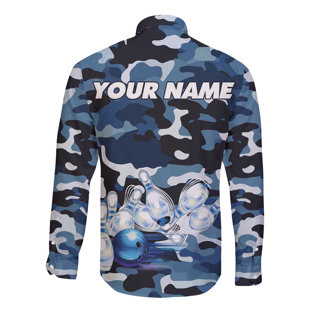Blue Camouflage Pattern Long Sleeve Button Shirt with Bowling Pins and Ball Graphic Design - Wonder Print Shop