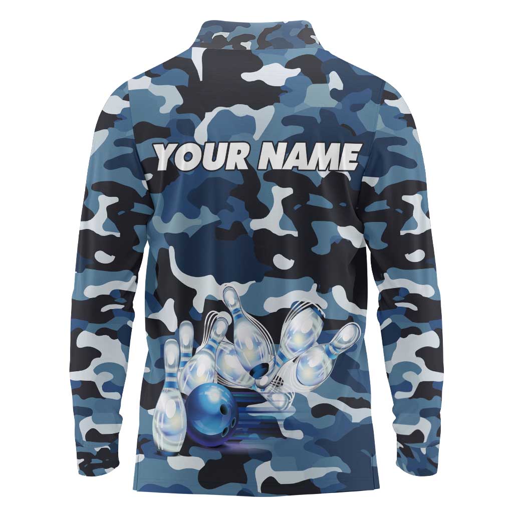 Blue Camouflage Pattern Long Sleeve Polo Shirt with Bowling Pins and Ball Graphic Design - Wonder Print Shop