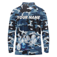 Blue Camouflage Pattern Long Sleeve Polo Shirt with Bowling Pins and Ball Graphic Design - Wonder Print Shop
