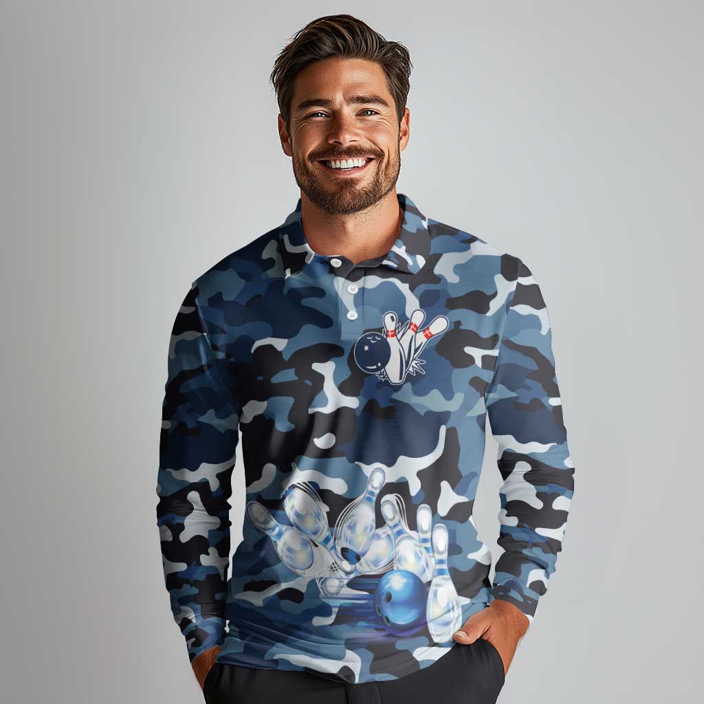 Blue Camouflage Pattern Long Sleeve Polo Shirt with Bowling Pins and Ball Graphic Design - Wonder Print Shop