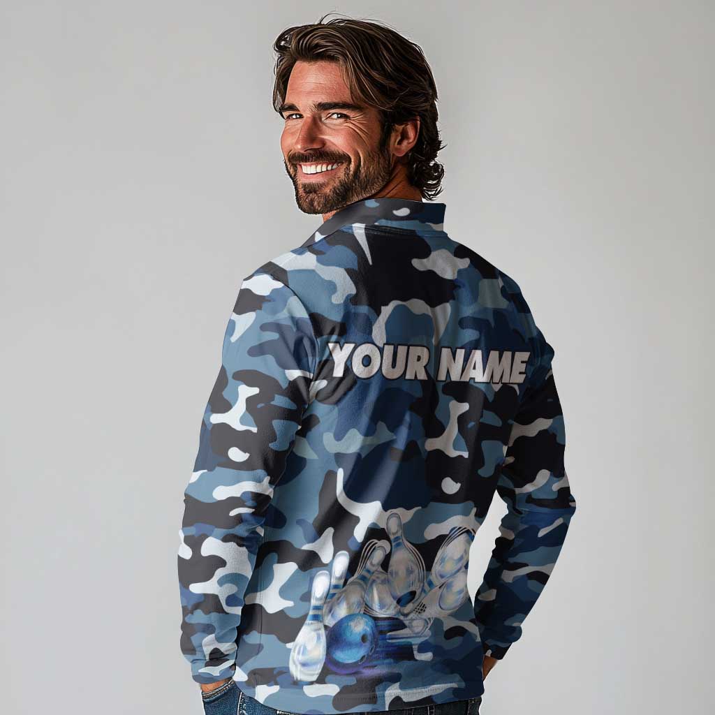 Blue Camouflage Pattern Long Sleeve Polo Shirt with Bowling Pins and Ball Graphic Design - Wonder Print Shop