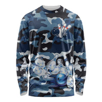 Blue Camouflage Pattern Long Sleeve Shirt with Bowling Pins and Ball Graphic Design - Wonder Print Shop