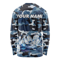 Blue Camouflage Pattern Long Sleeve Shirt with Bowling Pins and Ball Graphic Design - Wonder Print Shop
