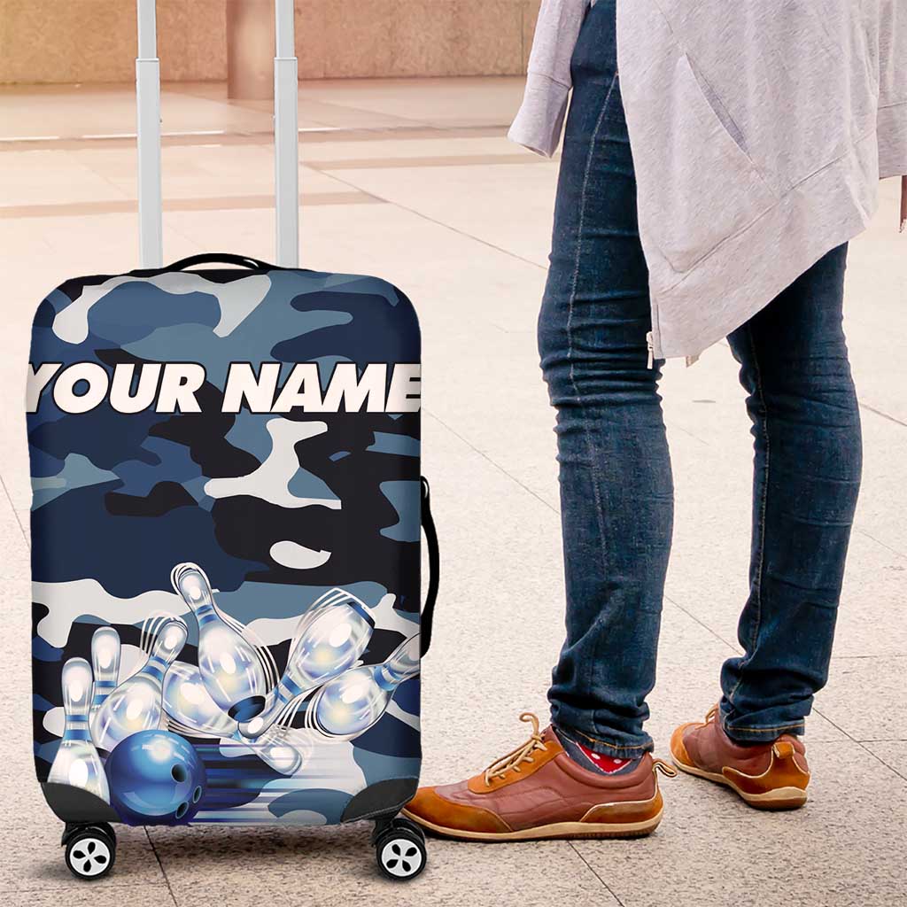 Blue Camouflage Pattern Luggage Cover with Bowling Pins and Ball Graphic Design - Wonder Print Shop