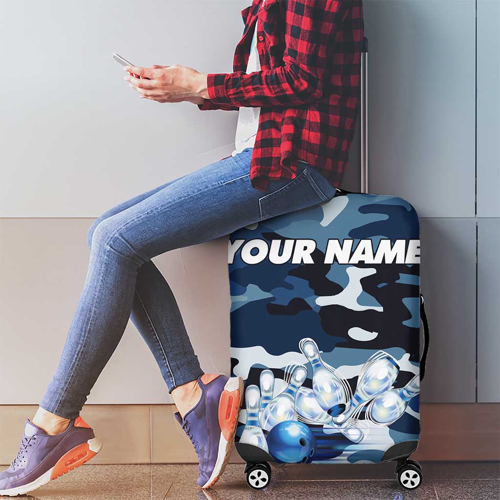 Blue Camouflage Pattern Luggage Cover with Bowling Pins and Ball Graphic Design - Wonder Print Shop