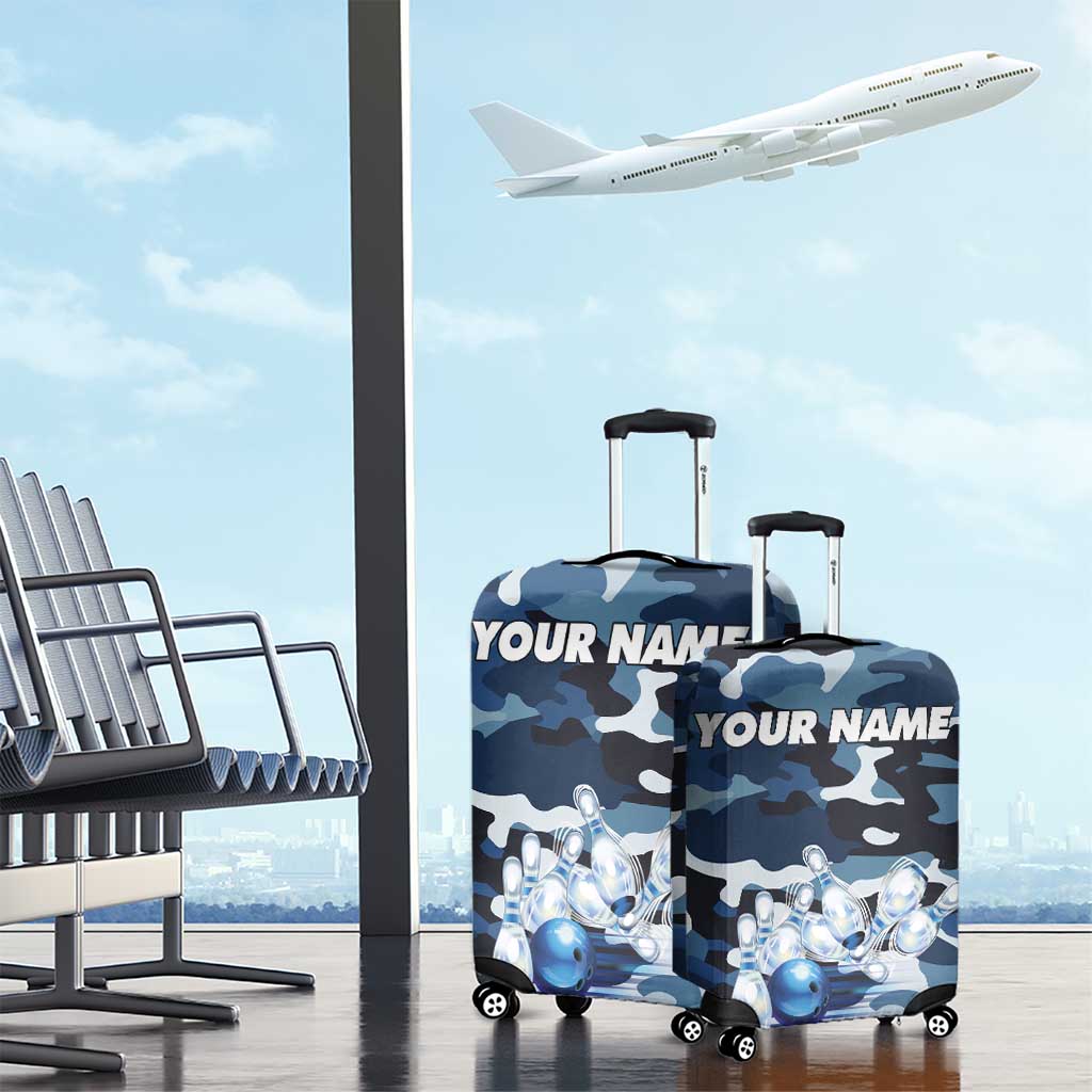 Blue Camouflage Pattern Luggage Cover with Bowling Pins and Ball Graphic Design - Wonder Print Shop