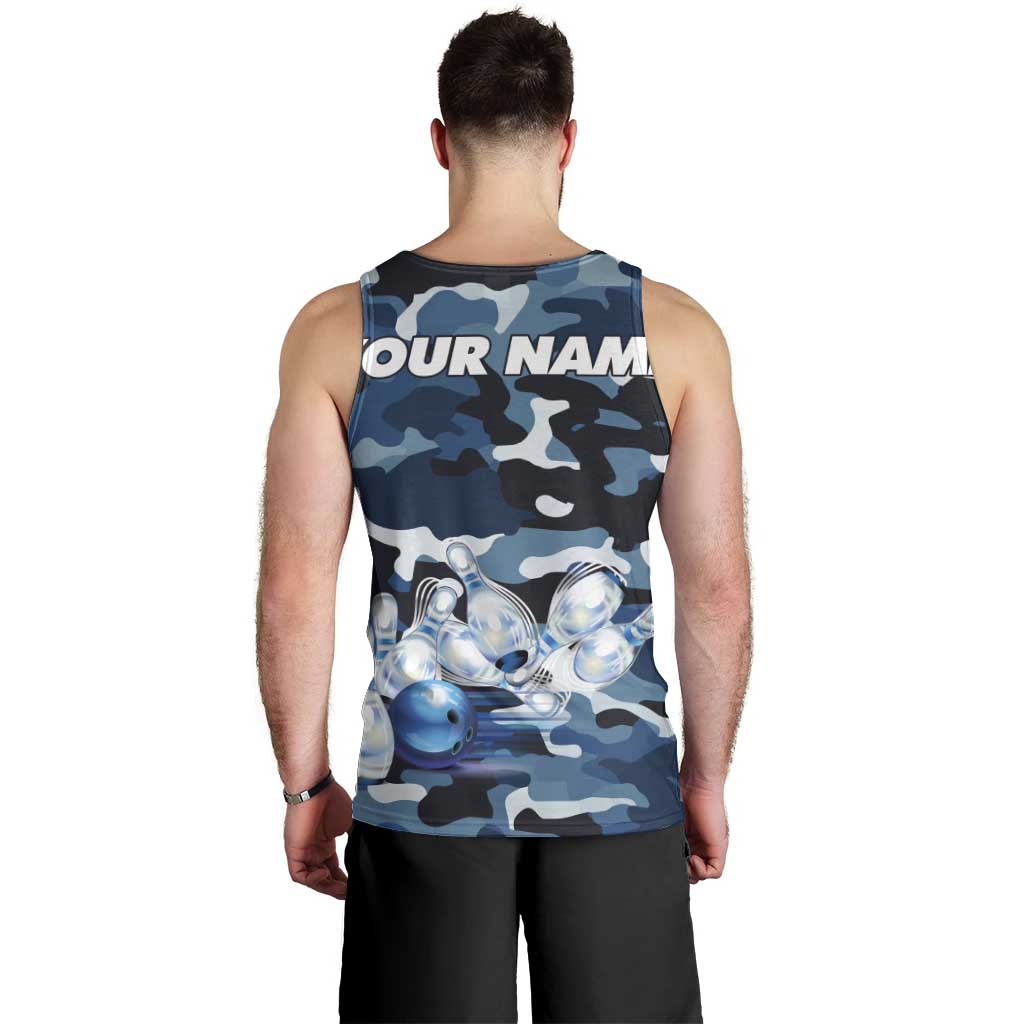 Blue Camouflage Pattern Men Tank Top with Bowling Pins and Ball Graphic Design - Wonder Print Shop