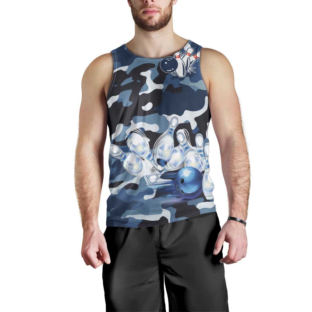Blue Camouflage Pattern Men Tank Top with Bowling Pins and Ball Graphic Design - Wonder Print Shop
