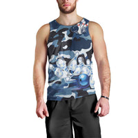Blue Camouflage Pattern Men Tank Top with Bowling Pins and Ball Graphic Design - Wonder Print Shop